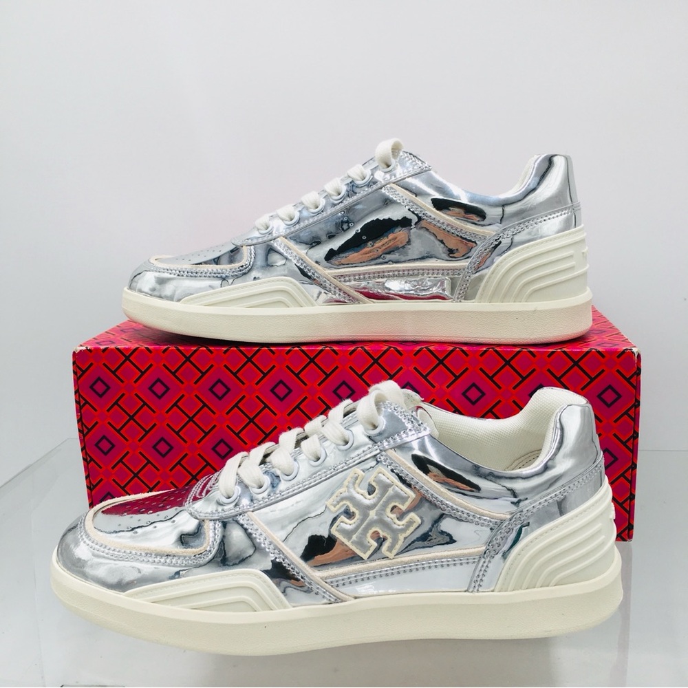 Tory Burch Clover Court Silver Metallic Sneakers Size 7 M